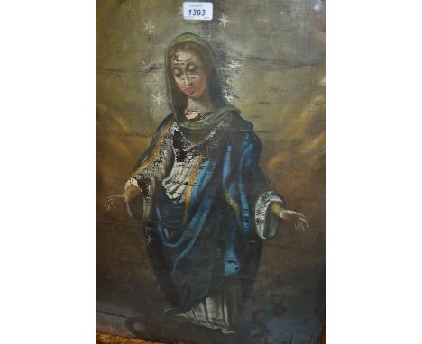 Antique continental oil on canvas, portrait of the Madonna with serpent at her feet, 25.5ins x 18.5ins