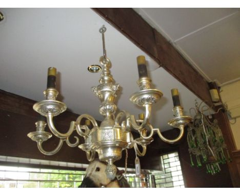20th Century silvered metal six branch chandelier together with a set of eight single and twin wall lights