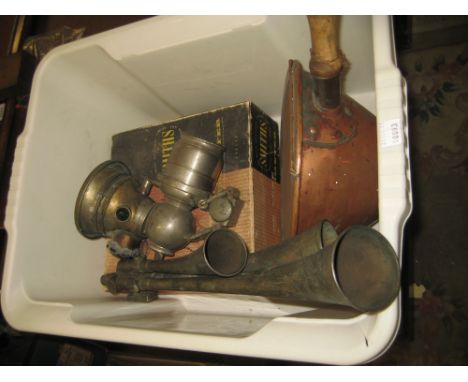 French Cicca silver plated copper three tone car horn (a/f), a Joseph Lucas Limited car lamp, Smiths cycle speedometer in box