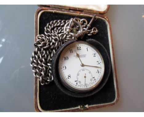 H. Samuel, English silver cased open face pocket watch, the enamel dial with Arabic numerals and subsidiary seconds with atta