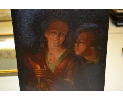Early 19th Century Flemish school oil on metal panel, two figures by candlelight, unframed, 8ins x 6.5ins