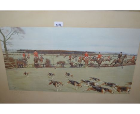 Cecil Aldin, pair of signed chromolithographs, hunting scenes, ' The Warwickshire ' and ' The Cheshire ', 13ins x 25.5ins, in