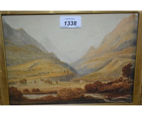 19th Century watercolour, an extensive Alpine river landscape, 7ins x 9.5ins, gilt framed together with a modern gilt framed 