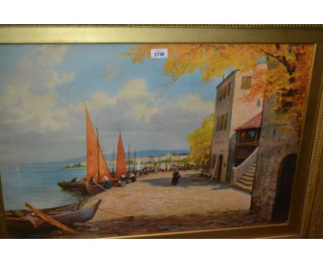 Large 19th Century gilt framed coloured print, fishing boats at a Continental quayside