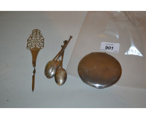 Birmingham silver ladies hair comb, together with a silver compact and five various silver spoons