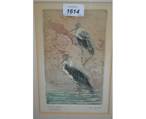 Coloured wood block print of two cranes, indistinctly signed, dated 1970