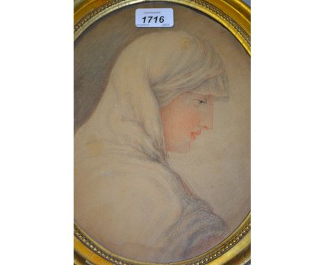 Small oval mounted colour crayon drawing of a girl wearing a head scarf, gilt framed, together with another similar, portrait