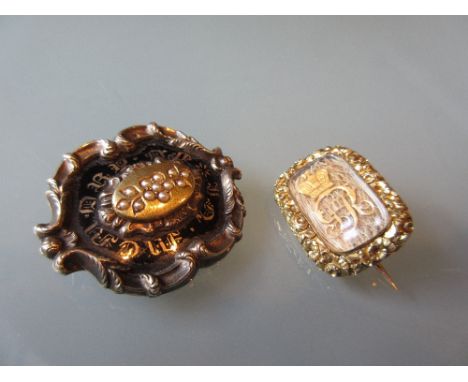 Yellow metal mounted memorial hair brooch and another set seed pearls and enamel