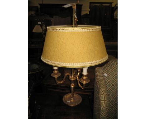 20th Century gilt brass three branch candelabra style table lamp with shade