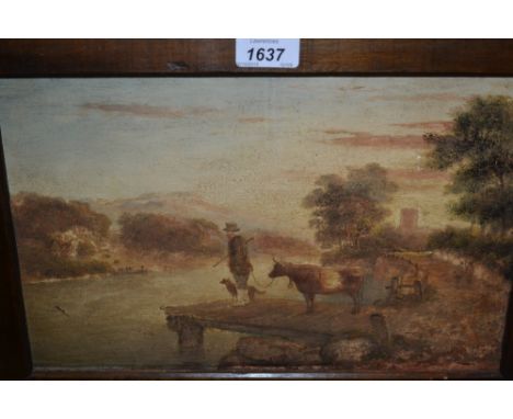 19th Century oil on panel, river scene with figures, dog and cow waiting at a ferry crossing