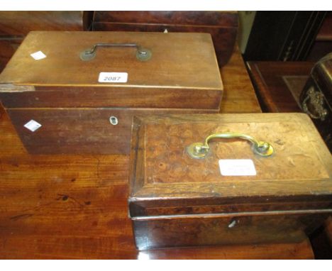 19th Century mahogany tea caddy with two division interior and mixing bowl compartment and another 19th Century burr walnut a
