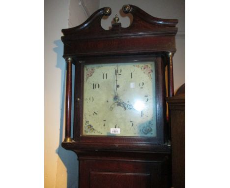 George III oak longcase clock, the square hood with flanking pilasters above a rectangular panelled door and conforming plint