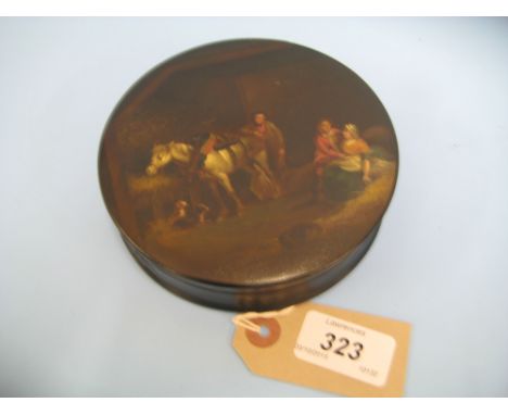 Large 19th Century circular painted snuff box, figures in a stable