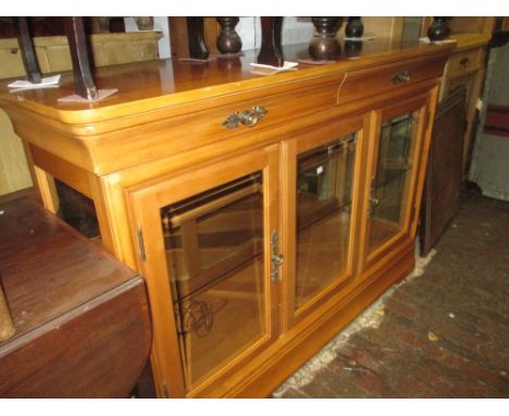 20th Century satinwood crossbanded and line inlaid display cabinet having moulded top with two drawers above two glazed doors