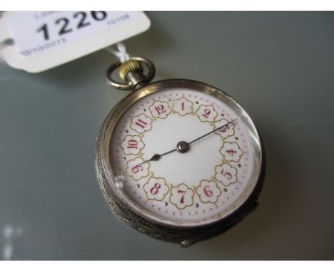 Continental silver floral engraved fob watch with enamel dial having Arabic numerals