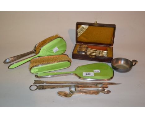 Silver and green translucent enamel five piece dressing table set, a tasse de vin, two meat skewers and other plated items