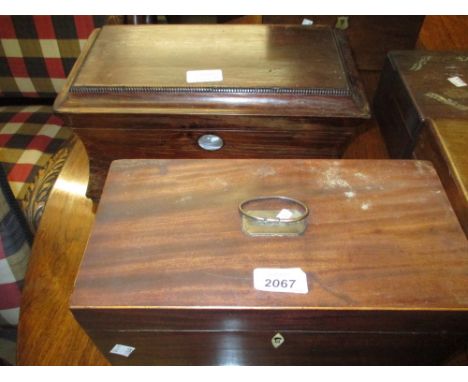 19th Century mahogany boxwood line inlaid tea caddy together with a rosewood sarcophagus shaped tea caddy (for restoration)
