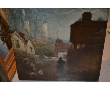 S. Haydon, signed 19th Century oil on panel, street scene with children playing and distant castle, unframed, 12ins x 12ins