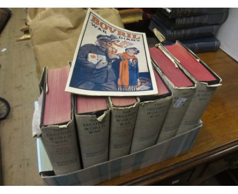 Six volumes ' The Second World War ' by Winston Churchill, a Bovril war diary pamphlet and a type written manuscript relating