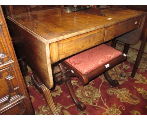 Regency mahogany and rosewood crossbanded drop-leaf sofa table with two frieze drawers raised on rectangular moulded end supp