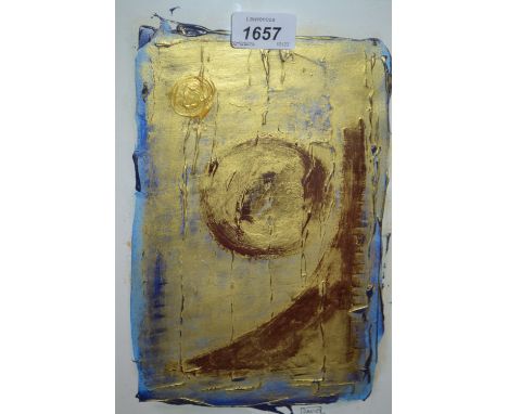 David Olney, mixed media abstract together with an oval framed oleograph of a nude on a bed