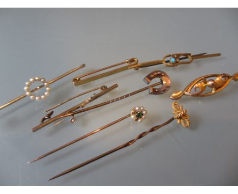 Five various bar brooches and three stick pins