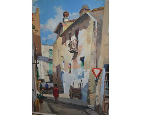 20th Century oil on canvas, Continental street scene, signed Tarroplla together with a coloured print of a three masted saili