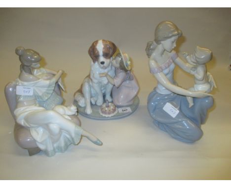 Three large Lladro figures, a reclining lady, a girl with a St. Bernard dog and mother and child (boxes a/f)