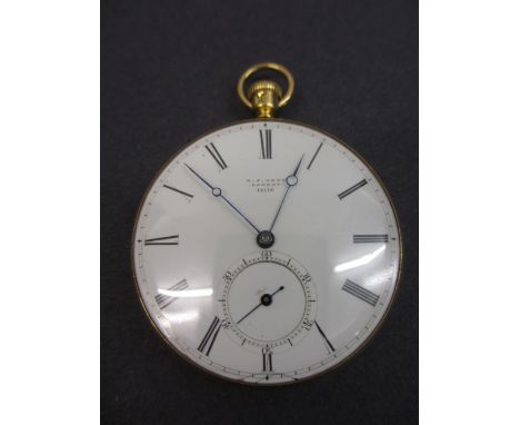 Early Victorian 18ct gold cased open face pocket watch by E.J. Dent, London, the enamel dial with Roman numerals and subsidia