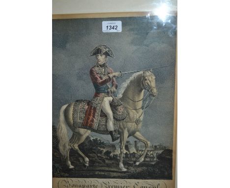 Framed 19th Century coloured stipple engraving, ' Bonaparte Premier Consul ' together with a coloured print, hunting scene