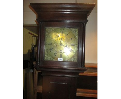 19th Century oak longcase clock having a square hood, flush panelled door and conforming plinth base, the brass arch top dial