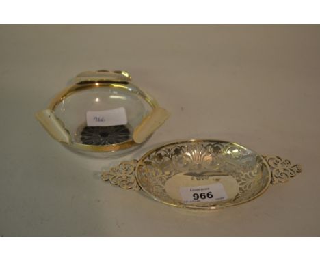 London silver oval two handled trinket dish with pierced decoration together with a silver mounted cut glass ashtray