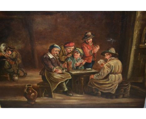 19th Century continental school oil on canvas, an inn interior with figures playing cards around a table, 16ins x 22ins, unfr