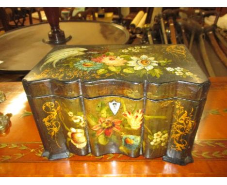 19th Century black lacquered floral and gilt painted papier mache tea caddy, the hinged lid enclosing a two division interior