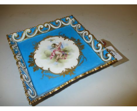 19th Century Sevres type square trinket dish painted with a panel depicting Cupid on a turquoise blue and gilt heightened gro
