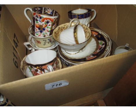 First Period Worcester cup and saucer decorated in blue and gilt and six various other 19th and 20th Century English cups and