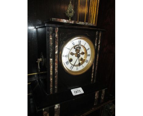 19th Century black slate and marble mantel clock, having circular enamel dial with Roman numerals and two train movement stri