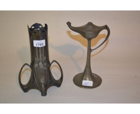 W.M.F. Art Nouveau pewter two handled vase and a similar oil lamp