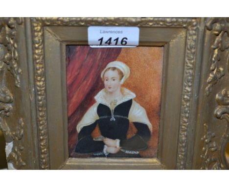 Gilt framed miniature painting, half length portrait of an Elizabethan lady, 4ins x 3ins