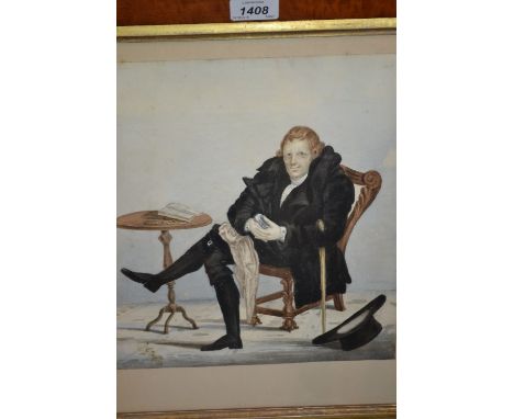 Maplewood framed naive style watercolour, portrait of a seated gentleman, inscribed verso ' Samuel Galbraith, 1738 - 1812 ', 