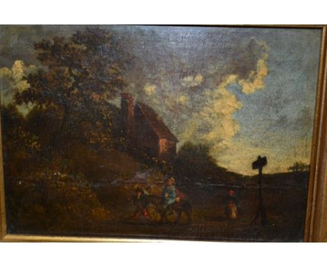Style of Morland, oil on panel, travellers on a track before a cottage, gilt framed, 7ins x 9ins, gilt framed