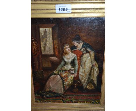 19th Century oil on mahogany panel, interior scene with seated lady and attendant, 10ins x 8ins