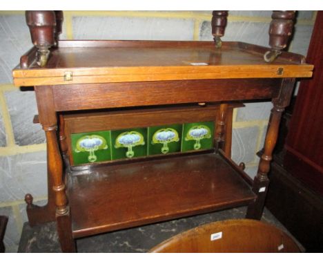 An oak folding tea trolley / card table, pair of square brass framed lamp tables with glass inset tops and 19th Century coppe