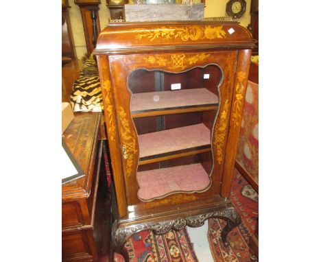 Late 19th Century mahogany and marquetry inlaid vitrine, the galleried and caddy moulded top above a single glazed door enclo