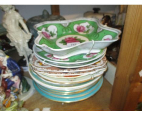 Four Worcester hand painted floral decorated plates, another matching comport plate (a/f) and a quantity of floral decorated 