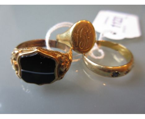 15ct Gold seal ring and an 18ct gold signet ring, together with an 18ct gold ring set with sapphire and diamond