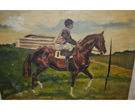 Carol Hing, 20th Century oil on canvas, portrait of the jockey, Duncan Keith, on Winston Churchill's horse ' High Hat ' at Ep