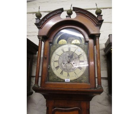 George III oak and mahogany crossbanded longcase clock, the broken arch hood with flanking pilasters above a shaped panel doo