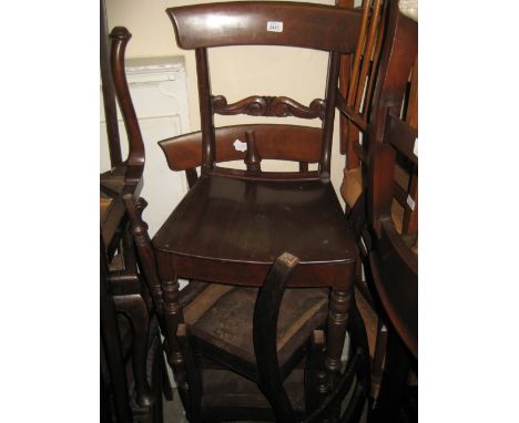 Set of six George IV mahogany dining chairs, the bar backs with carved centre rails above curved panel seats and turned taper