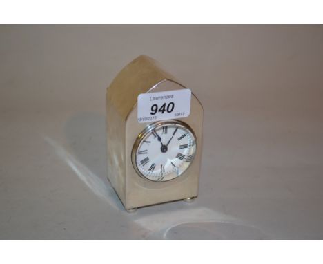 Late Victorian silver cased dressing table clock of lancet shape, the enamel dial with Roman numerals and single train French